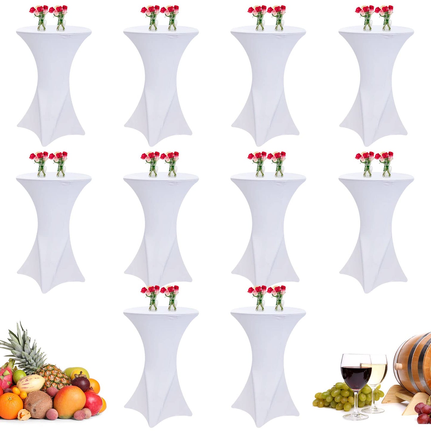 Linyuthia 10 Pack Spandex Cocktail Table Cover Bulk 24 x 43 Inch Round Highboy Stretch Bistro Tablecloths Fitted Corner High Clothes for Weddings Banquet Birthday Party (White)