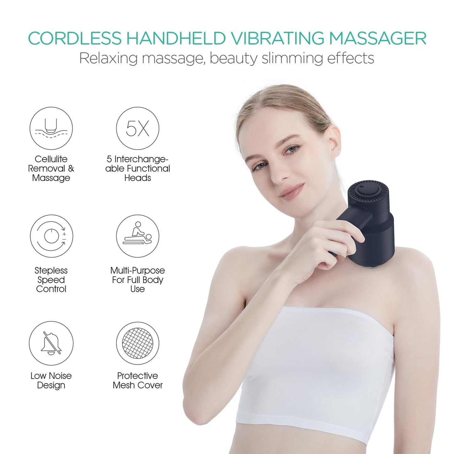 VOYOR-HEALTH Handheld Cellulite Massager, Electric Cellulite Remover Body Sculpting Massager with 5 Replaceable Heads for Arm,Thigh,Calves, Cordless & Rechargeable Deep Tissue Massager CM410, Blue