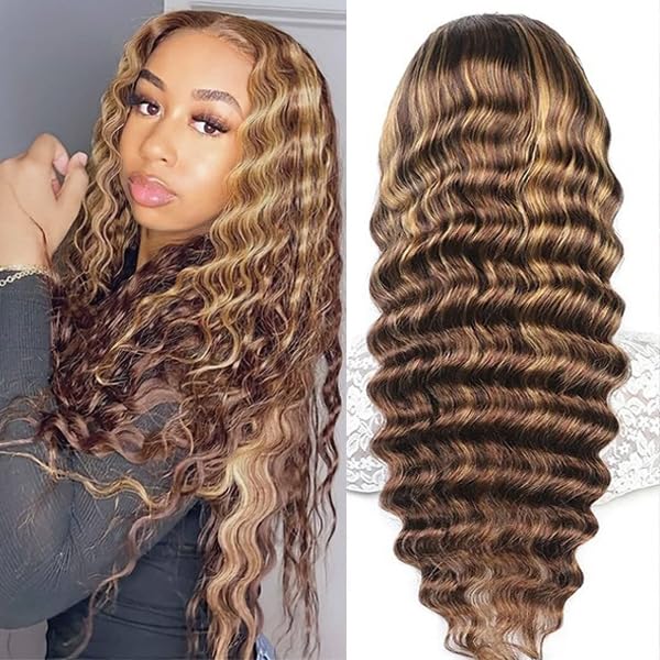 NKTU 4/27 Deep Wave Lace Front Wigs Human Hair Honey Blonde Highlight Ombre Wigs Human Hair for Women 13x4 HD Transparent Lace Frontal Wigs Pre Plucked with Baby Hair 200 Density 26 Inch