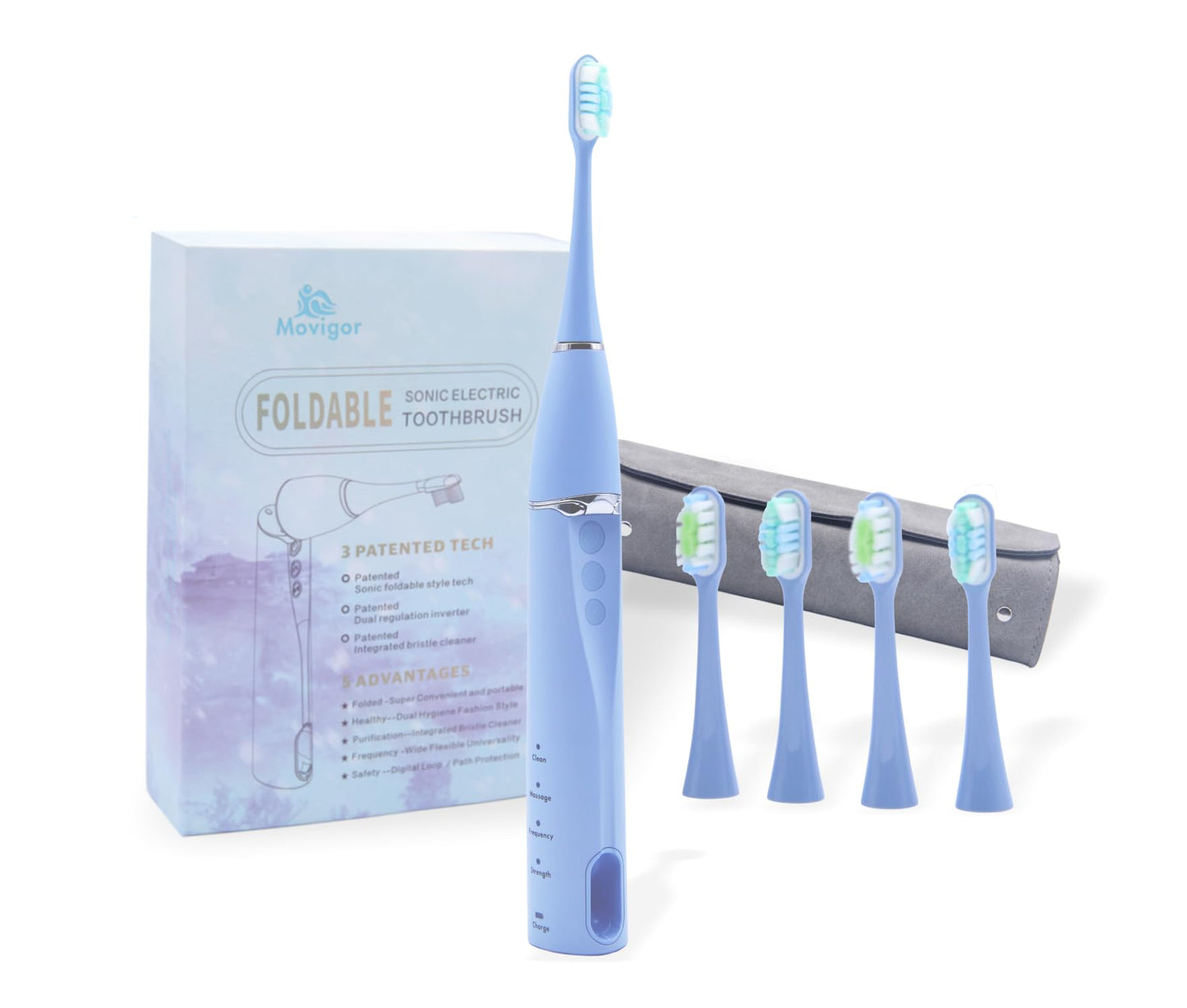 Ultra-Portable Foldable Electric Toothbrush with Dual UV-C/A Sanitization, 272 Personalized Modes, Last 60-90 Day Use, Leather Travel Case – Blue
