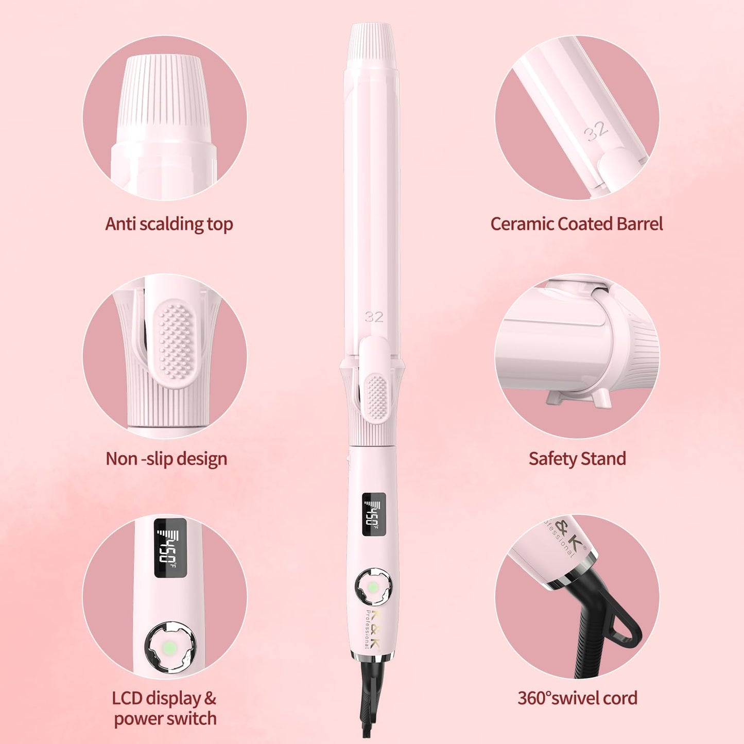 1 1/4 Inch Curling Iron with Clipped Tourmaline Ceramic Barrel Professional Hair Curler up to 450°F Dual Voltage for Traveling 60 Mins Auto Off Suit for Different Hairstyle (Pink, 1.25 Inch)