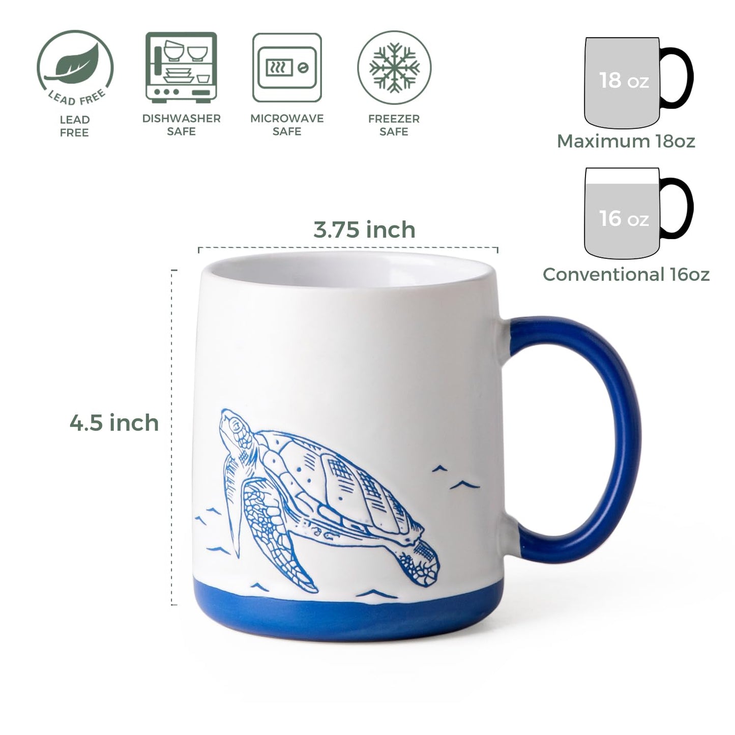 AmorArc Large Coffee Mugs Set of 6, 18oz Ceramic Coffee Cups with Sea Life Textured Patterns for Tea Latte Cocoa. Easy to Hold&Clean, Dishwasher&Microwave Safe, Matt White