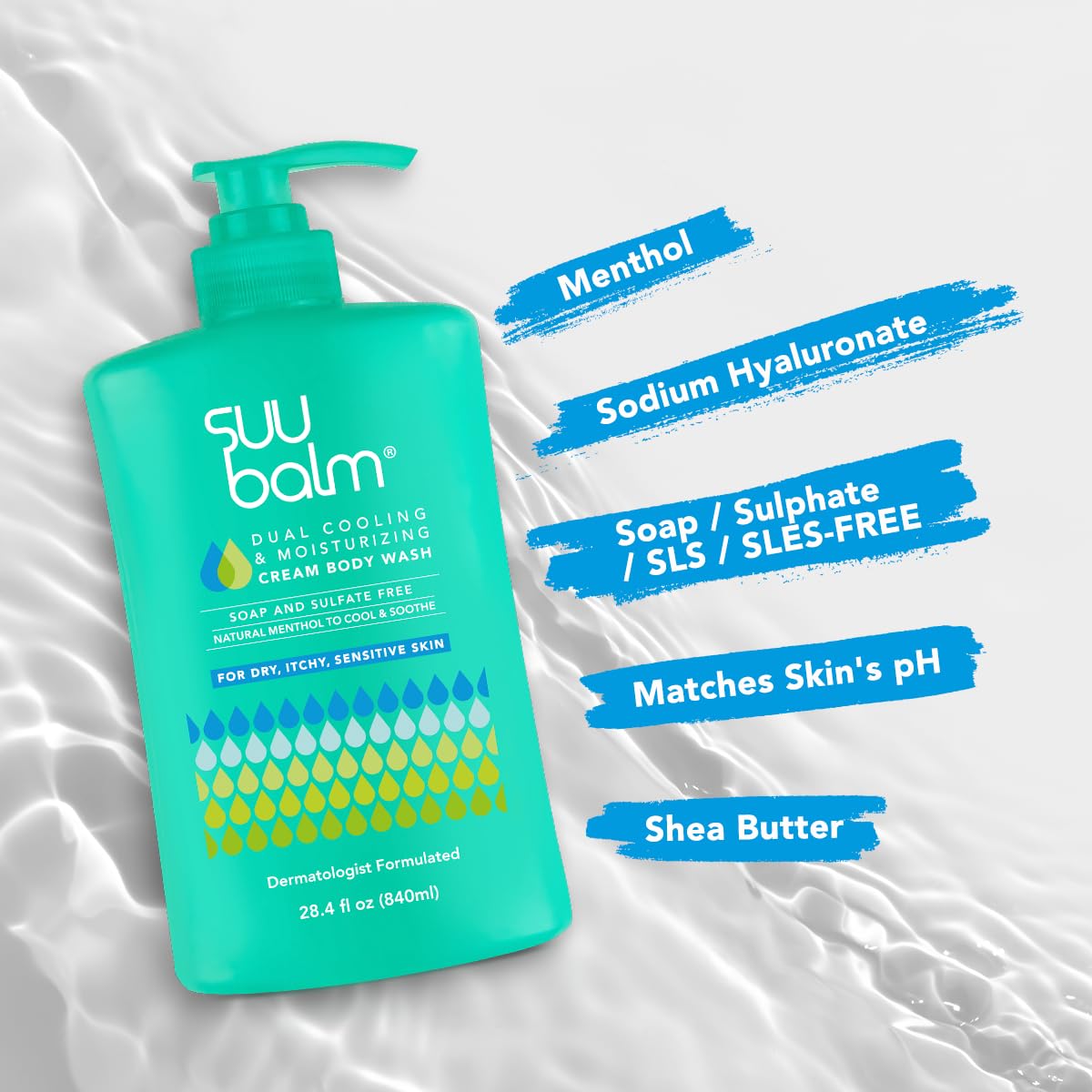 Suu Balm Rapid Itch Relief Eczema & Psoriasis Body Wash, Gentle Cooling & Moisturizing for Dry Itchy Sensitive Skin, Derm-Formulated with Menthol & Shea Butter, Sulfate & Fragrance Free, 28.40 fl oz