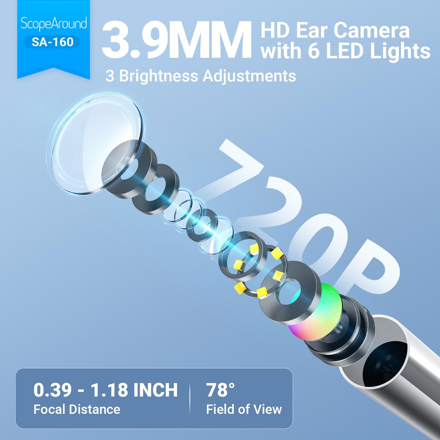 ScopeAround Digital Otoscope w/IPS Screen, 720p HD Smart Video Otoscope with Light, Ear Scope Otoscope with Camera Ear Wax Removal Camera, Ear Checker, Power On and Go, White