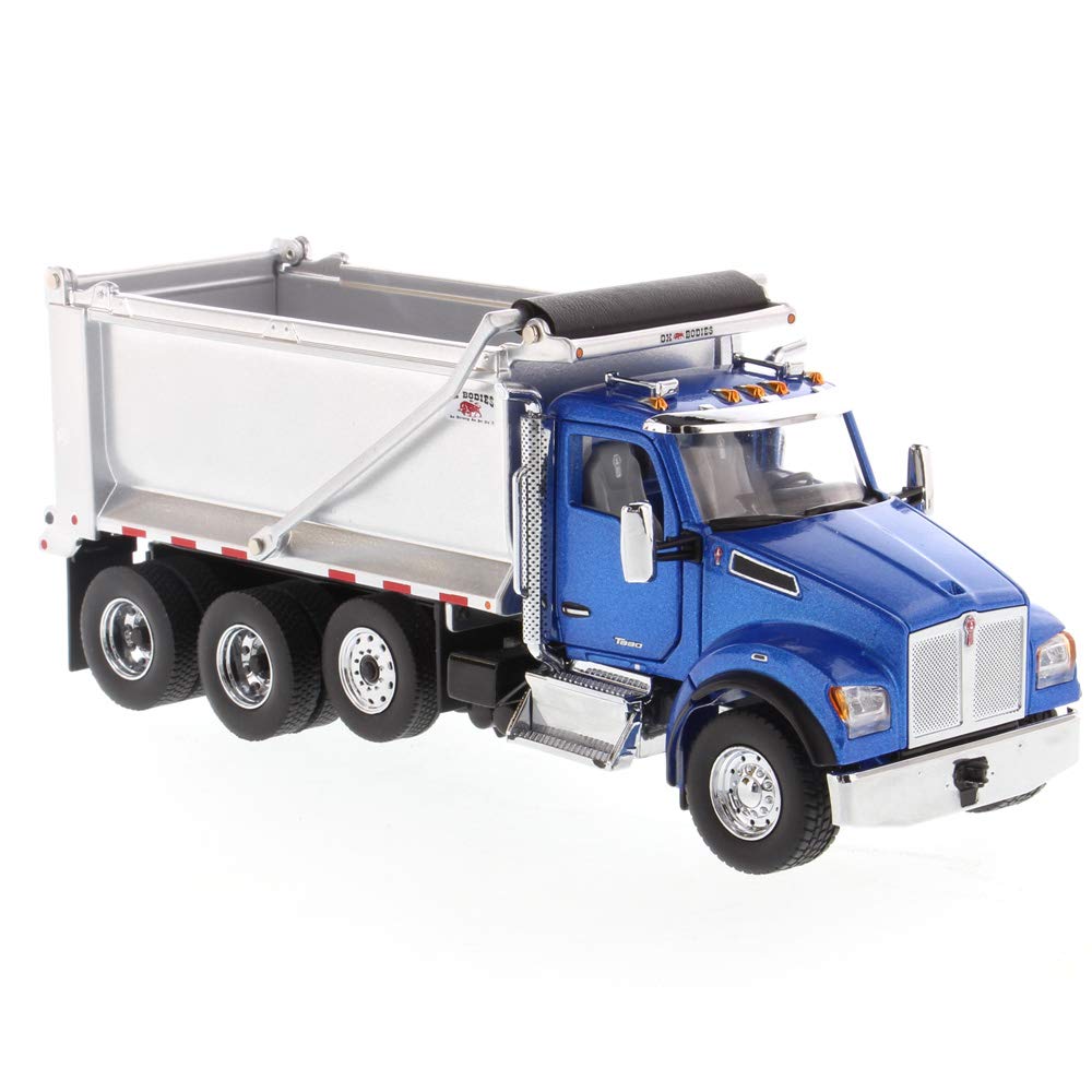 Diecast Masters 1:50 Scale Kenworth T880S SFFA Dump Truck - Tandem with Pusher Axle & Interior Ox Bodies Stampede Dump Cab | Transport Series | Metallic Blue Model 71078