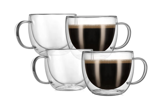 CNGLASS 8oz Double Wall Glass Coffee Mugs,Clear Insulated Espresso Glass Mugs with Handle for Latte,Cappuccino,Coffee,Set of 4