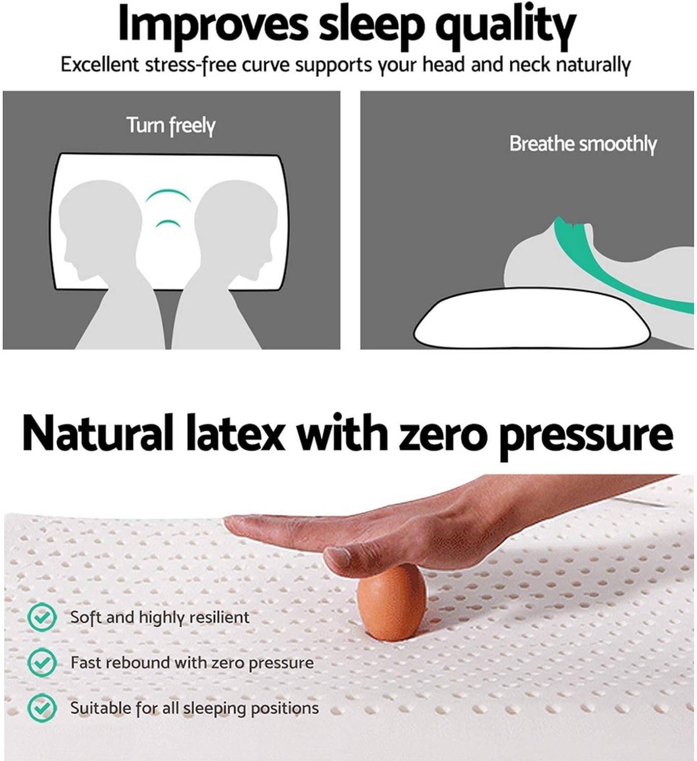 JOTOM Latex Pillow, 100% Talalay Natural Latex Foam Pillow, Soft Sleeping Bed Pillows with Cotton Cover, Queen Size, Perfect for Side/Back Pain, Stomach, Neck, Stress Relief
