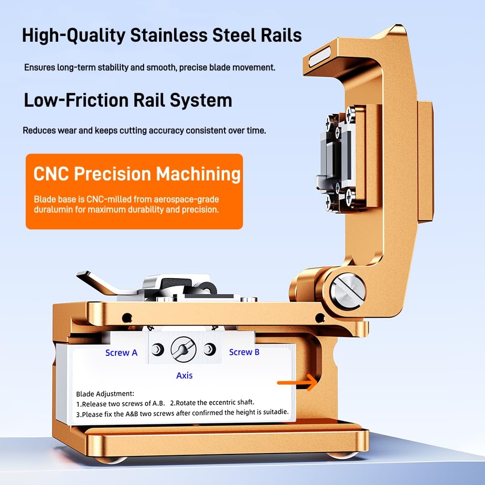 Optical Fiber Cleaver, High Precision FTTH Fiber Optic Cutter with 16 Cleave Positions & Blade Life up to 48,000 Cuts, for 0.25mm, 0.9mm, 3.0mm Fibers, with Scrap Collector