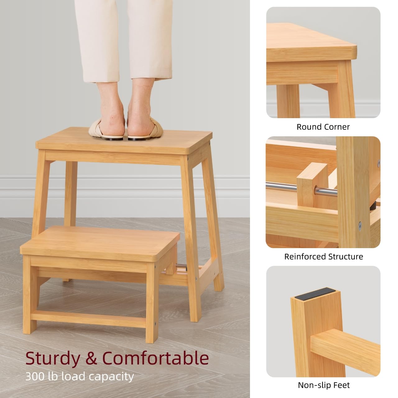 BEKVEM Bamboo Folding Step Stool with Sturdy Structure and Wide Stepping Surface for Safety, Multi-Purpose Foldable Step Ladder for Bathroom,Bedroom,Kitchen Step Stools for Kids & Adults, 400 lbs