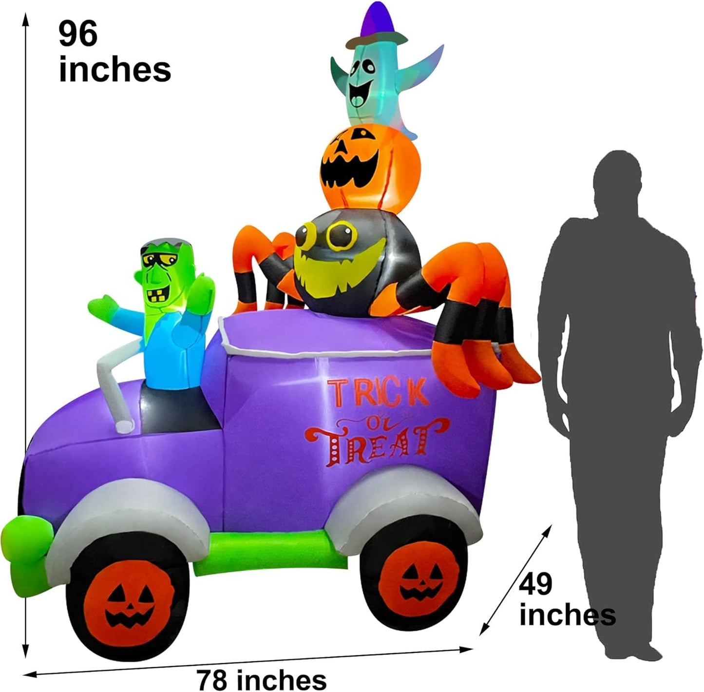 BLOWOUT FUN 8ft Halloween Inflatable Horror Frankenstein Driving A Car with Spider, Pumpkin and Ghost, LED Blow Up Lighted Decor Indoor Outdoor Holiday Art Decorations