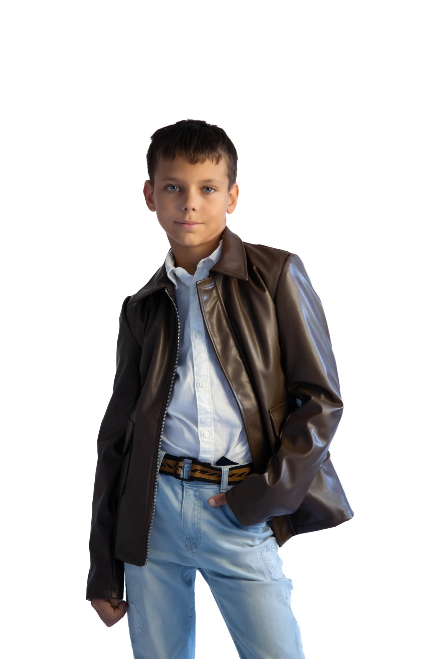 ComfyCamper Kids Teens Faux Leather Jacket Costume Brown – Jungle Explorer Archeologist Lightweight Bomber Racer, 8-10 Years