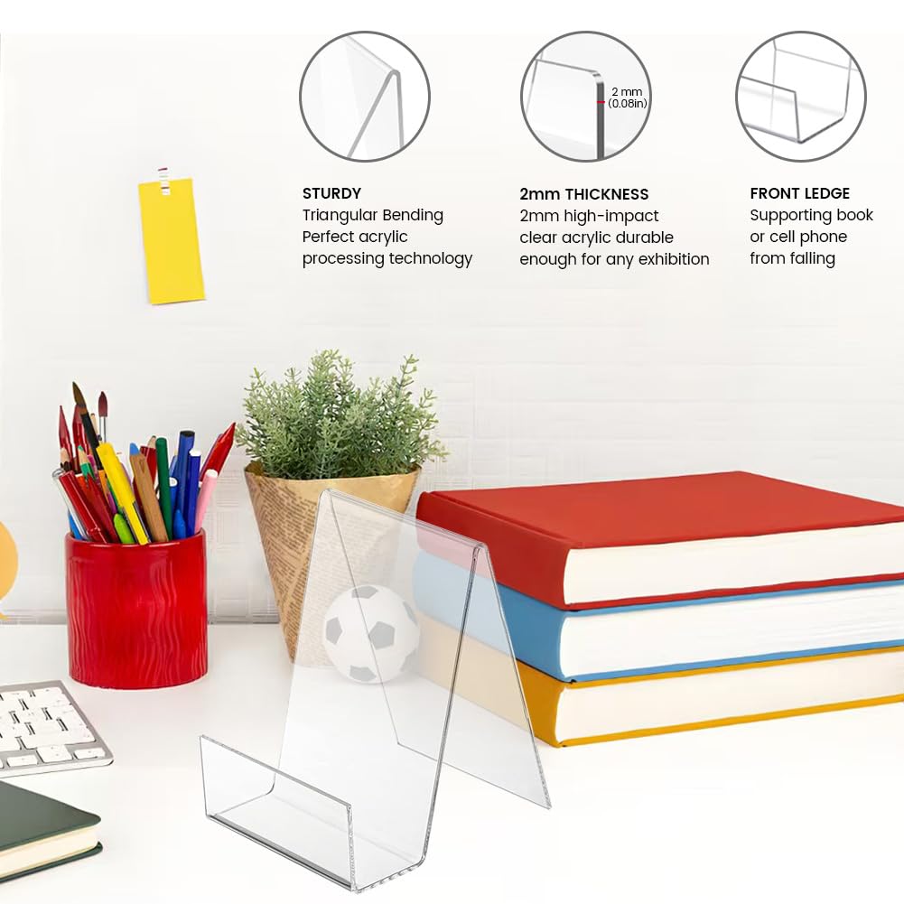 Ukontagood 16 Pcs Large Acrylic Book Display Stand, 5.7''×4'' Display Stand with Ledge, Clear Acrylic Book Display Easel for Album, CD, Picture, Artworks, Phone, Tablet