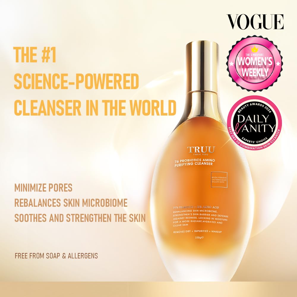 TRUU Probiotics Amino Purifying Cleanser – Ultra-Gentle Treatment with 51% Probiotics & 25% Amino Acids – Cleanses, UV Protection, Enhances Hydration & Elasticity for a Radiant, Youthful Glow | 5.3 Oz