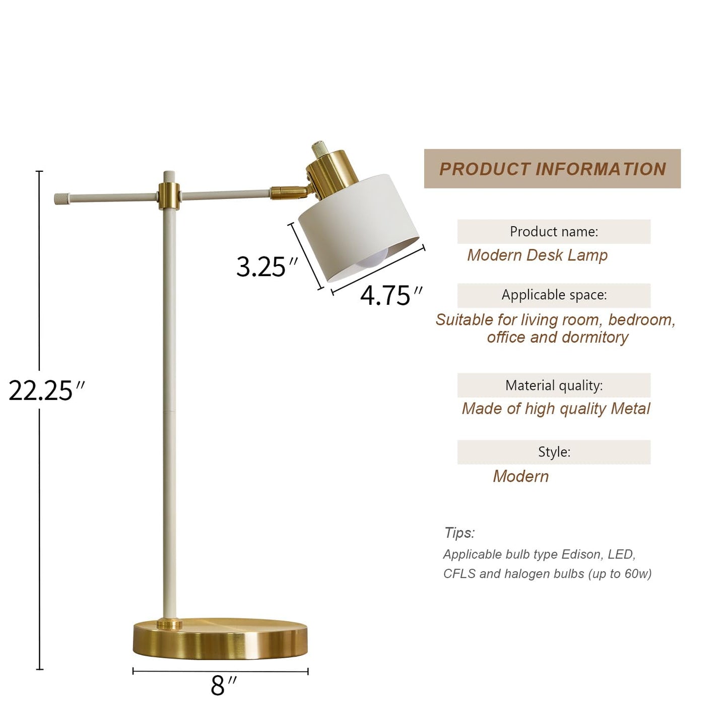 OYEARS 22.2" Modern Desk Lamp, Metal Table Lamp with LED Bulb, Adjustable Reading Lamps for Living Room, Mid Century Task Lamp for Home Office, Industrial Bedside Lamps, Cream and Gold