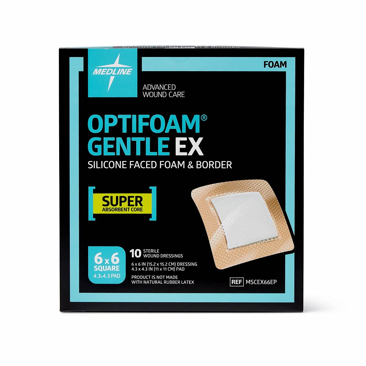 Medline Optifoam Gentle EX Bordered Foam Adhesive Dressing, 6" x 6" Square (10 Count)
