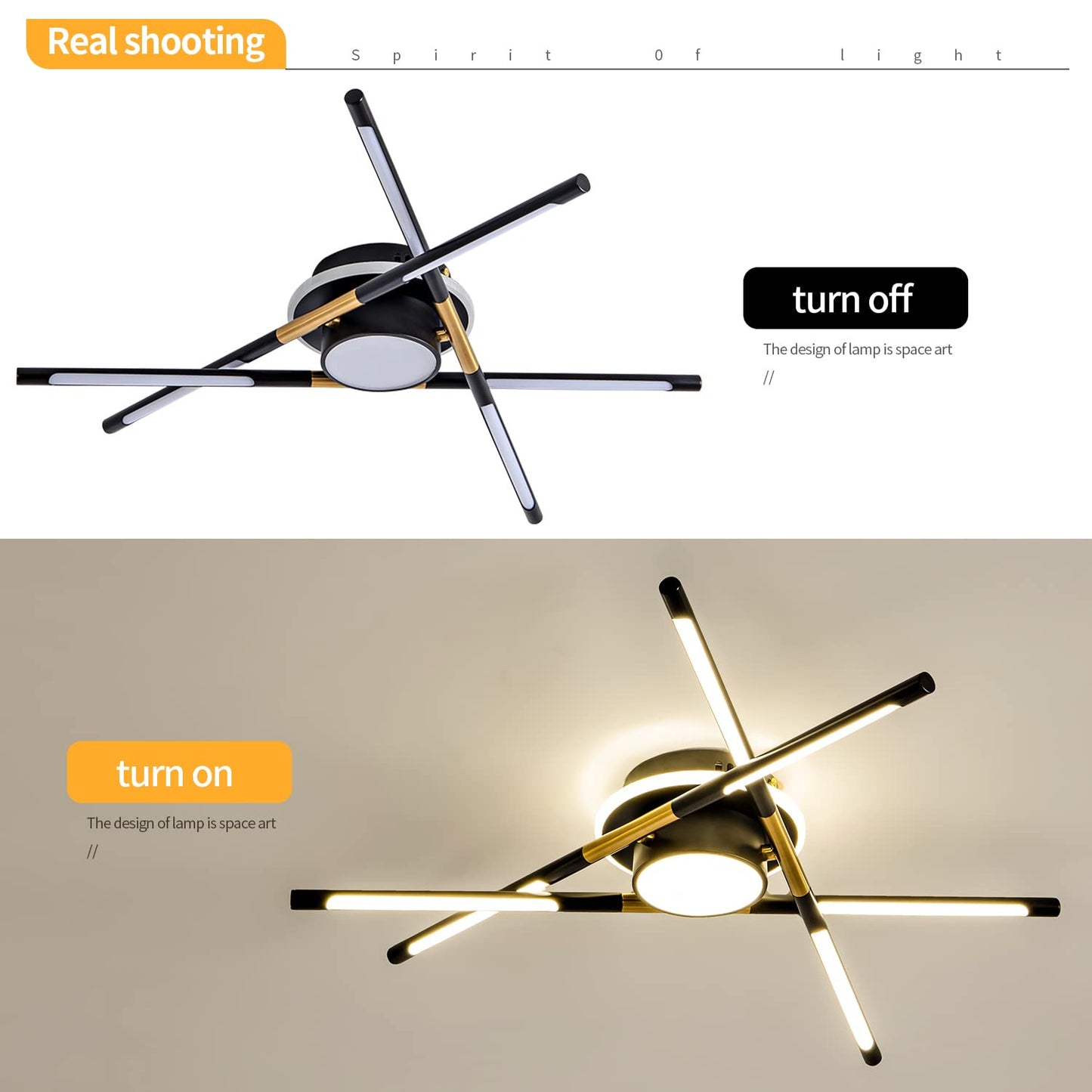LED Ceiling Light Fixture Modern Black and Gold Industrial Sputnik Ceiling Light Decorative Lighting Dining Room Living Room Bedroom Light 23.6 inch 4000K