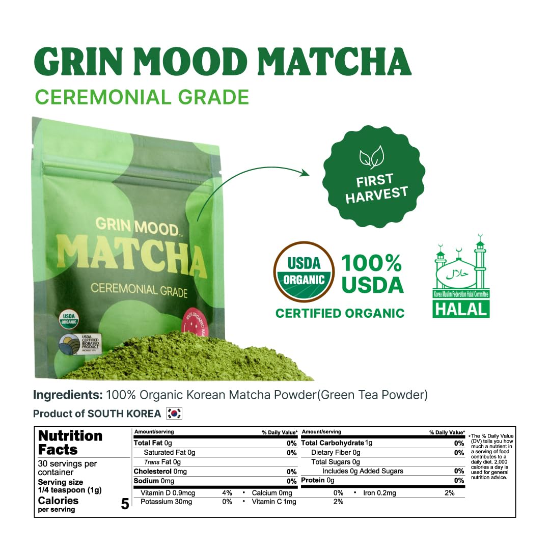 GRIN MOOD Matcha Powder - Organic Ceremonial Green Tea Powder(3.53oz) - Decaffeinated First Harvest Green Tea, Authentic Korean Matcha, Halal, Eco-Friendly Recyclable Package