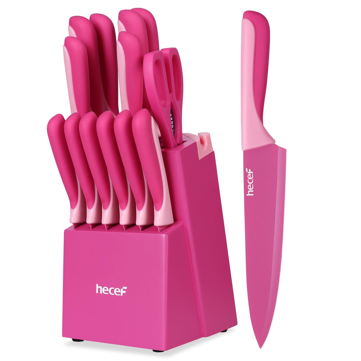hecef 15 Pieces Kitchen Knife Set with Built-in Sharpening Wooden Block, Dishwasher Safe, High Carbon Stainless Steel Knife Block Set with Steak Knives, Kitchen Scissors, Hot Pink