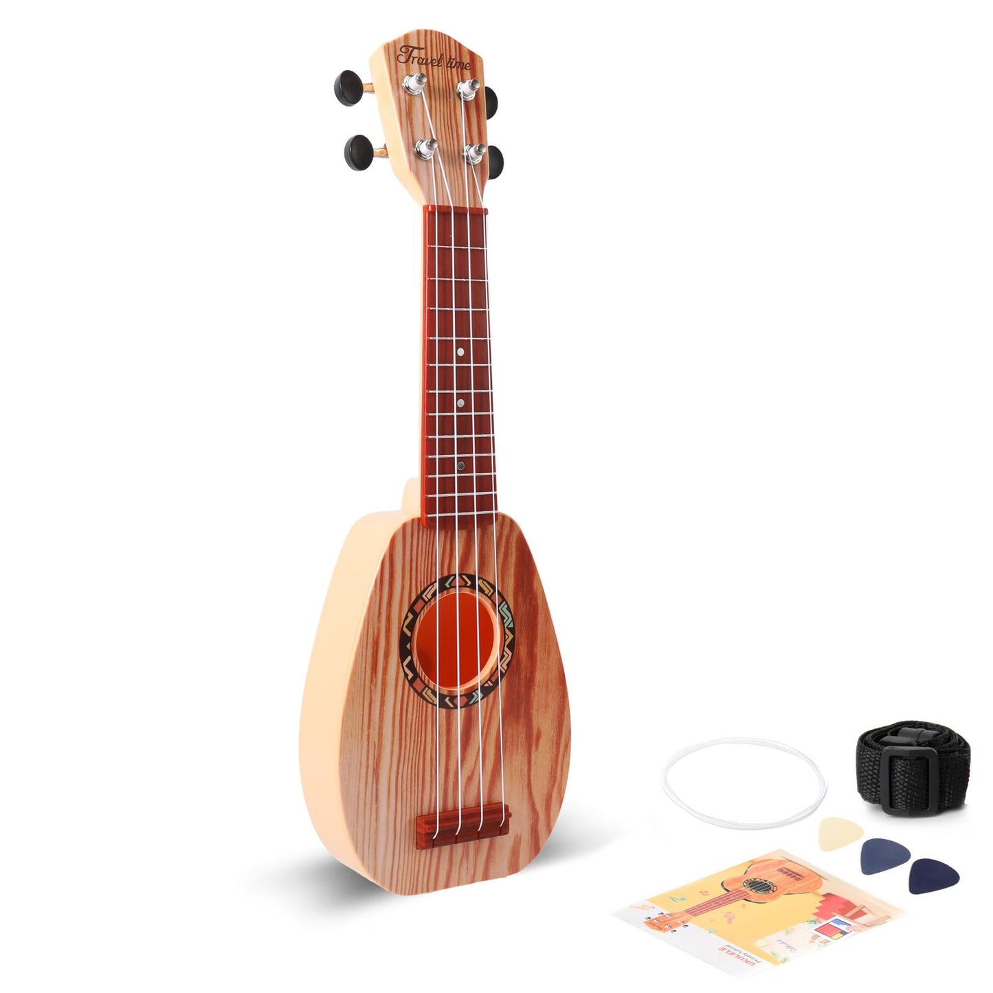 17" Mini Guitar Ukulele Toy for Kids 4 Strings Keep Tones Can Play Not Electronic Ukulele Children Musical Instruments Educational Toys with The Picks and Strap for Beginner Starter (Light Color)