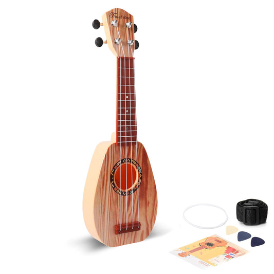 17" Mini Guitar Ukulele Toy for Kids 4 Strings Keep Tones Can Play Not Electronic Ukulele Children Musical Instruments Educational Toys with The Picks and Strap for Beginner Starter (Light Color)