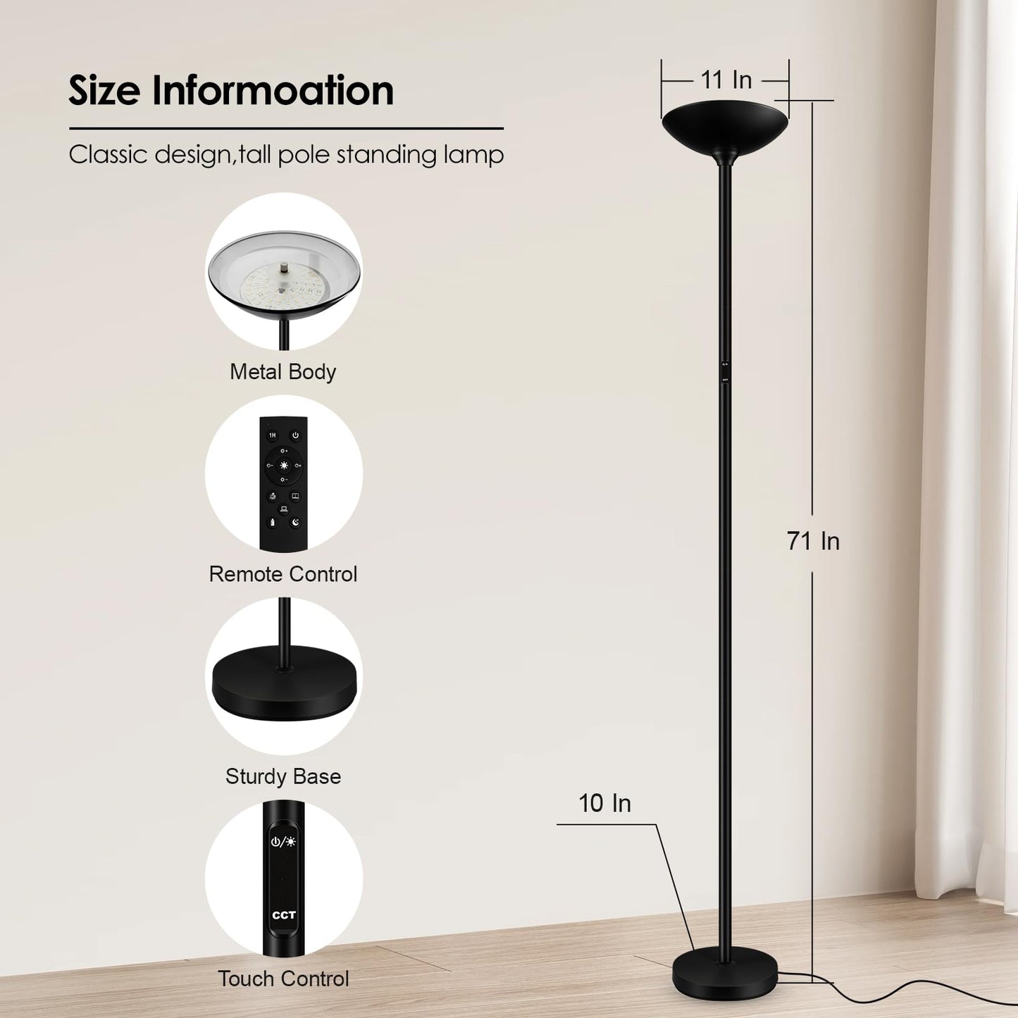Bricosmocon Stepless Dimmable Floor Lamp,30W 3000LM Super Bright LED Torchiere Floor Lamps with Remote & Touch Control,71 in Tall Modern Standing Lamp for Living Room Bedroom Office,2700k-6500k,Black