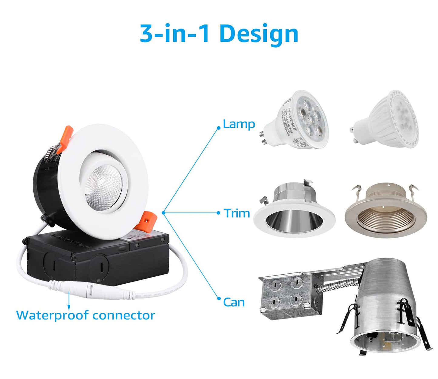 TORCHSTAR 3 Inch Gimbal LED Recessed Light with Junction Box, CRI 90+ Dimmable Swivel Adjustable Eyeball Downlight, 7W (50W Eqv.), Canless LED Ceiling Light, 3000K Warm White, White, Pack of 6