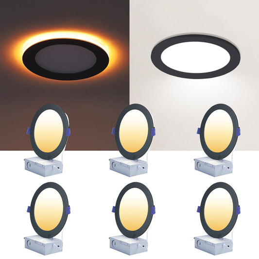 CycevSun 6 Pack Black Recessed Lights 6 Inch with Night Light, Canless Ultra Thin Wafer Downlight Indoor Outdoor Exterior Soffit, Dimmable & 5 Color Selectable, 12W, ETL Listed