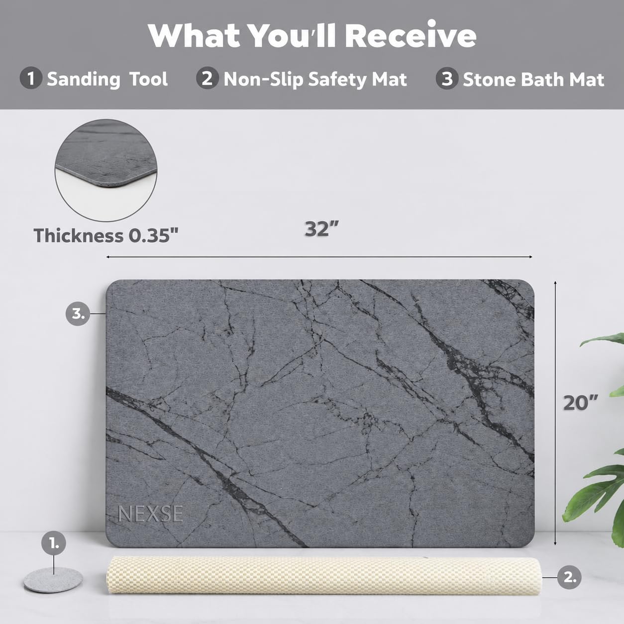 Extra Large Stone Bath Mat for Bathroom (32" x 20") | Non Slip Super Absorbent Quick Dry Diatomaceous Earth Bath Mat | XL Diatomite Stone Bath Shower Mat | Drying Mat for Kitchen Counter | Gray