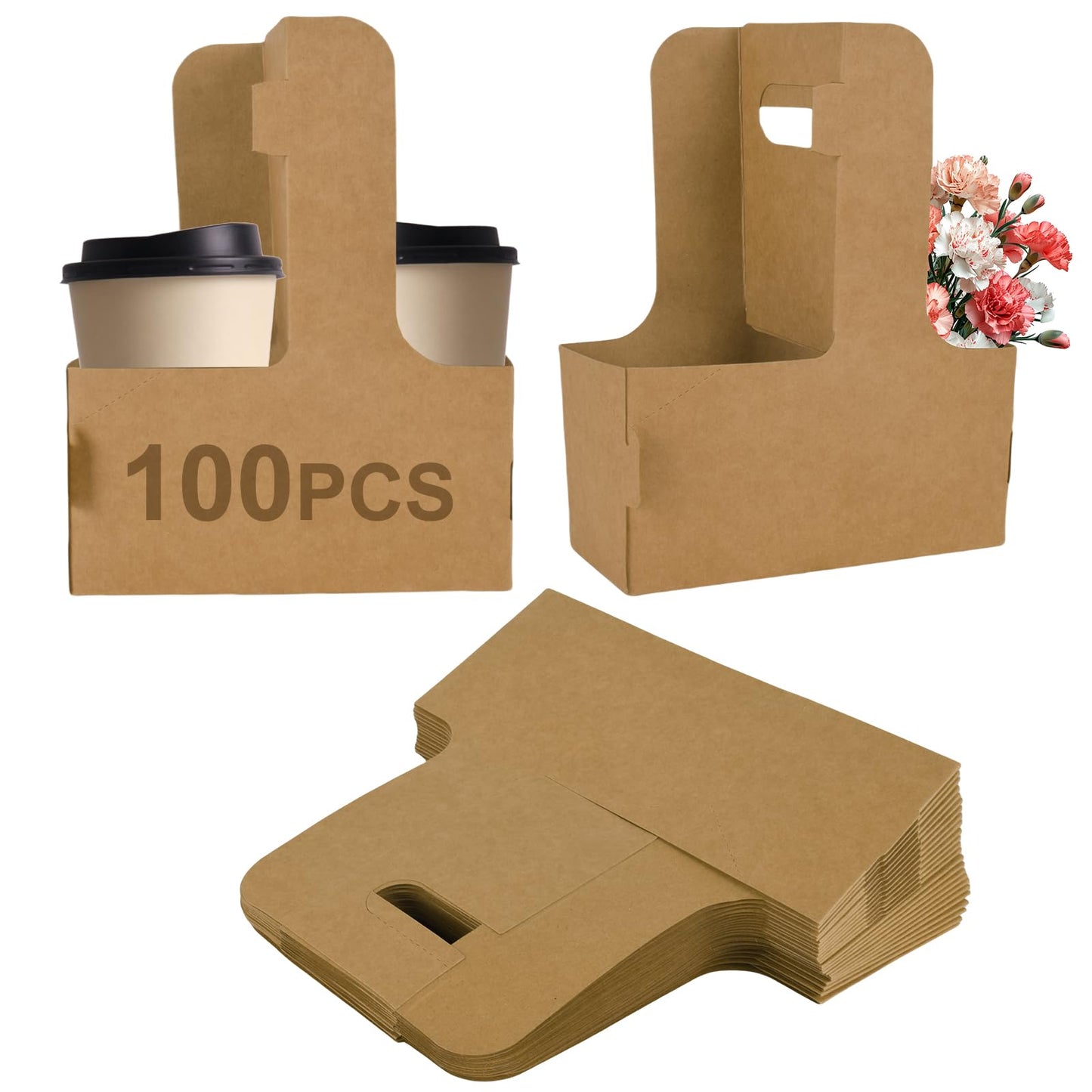 100 Pack Drink Carrier with Handle, 2 Cups or 4 Cups Assemblable Disposable Paper Cup Holder, Coffee and Drink Carrier, for Coffee and Drink Delivery Cup Holder