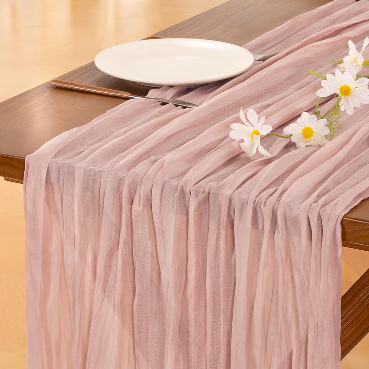 Socomi10pcs Pink Cheesecloth Table Runner Boho Rustic Gauze Dusty Pink Summer 120 inch 10FT Cheese Cloth Runner for Wedding Party Baby Shower Birthday Home Decor Holiday Decorations