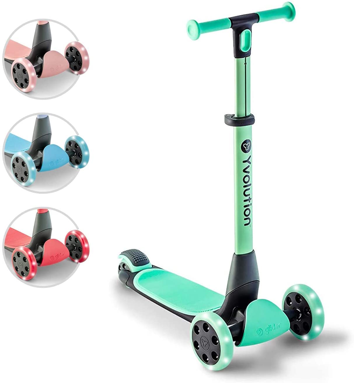 Yvolution Green Glider Nua Kids 3 Wheel Scooter, Foldable, LED Wheels, Adjustable Handlebar, for Boys and Girls Ages 3 to 10 Years Old