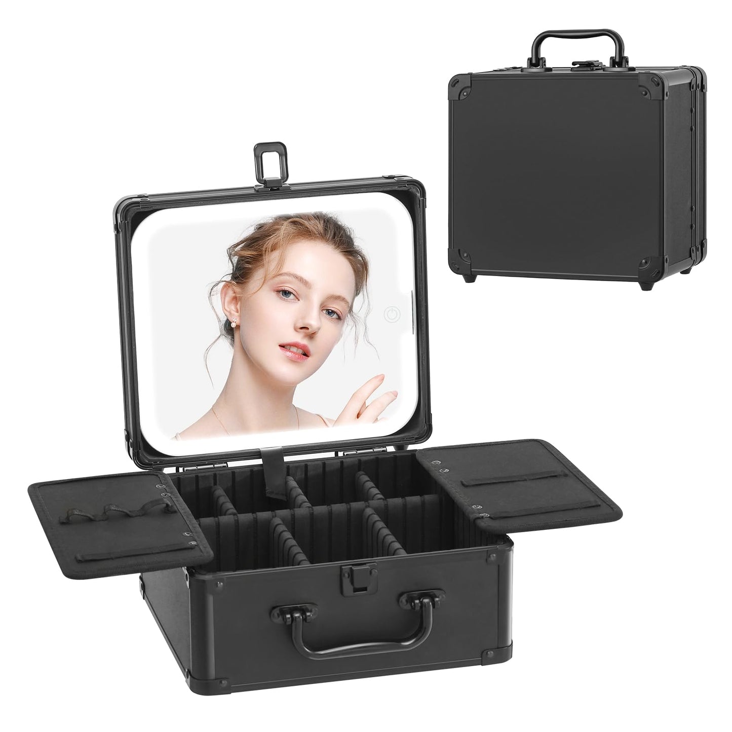 Leeora&Leekoo Makeup Box with A Detachable Lighted Mirror, Waterproof Travel Train Case, Cosmetic Organizer and Makeup Suitcase with Adjustable Dividers, LED Mirror (Black, Plane)