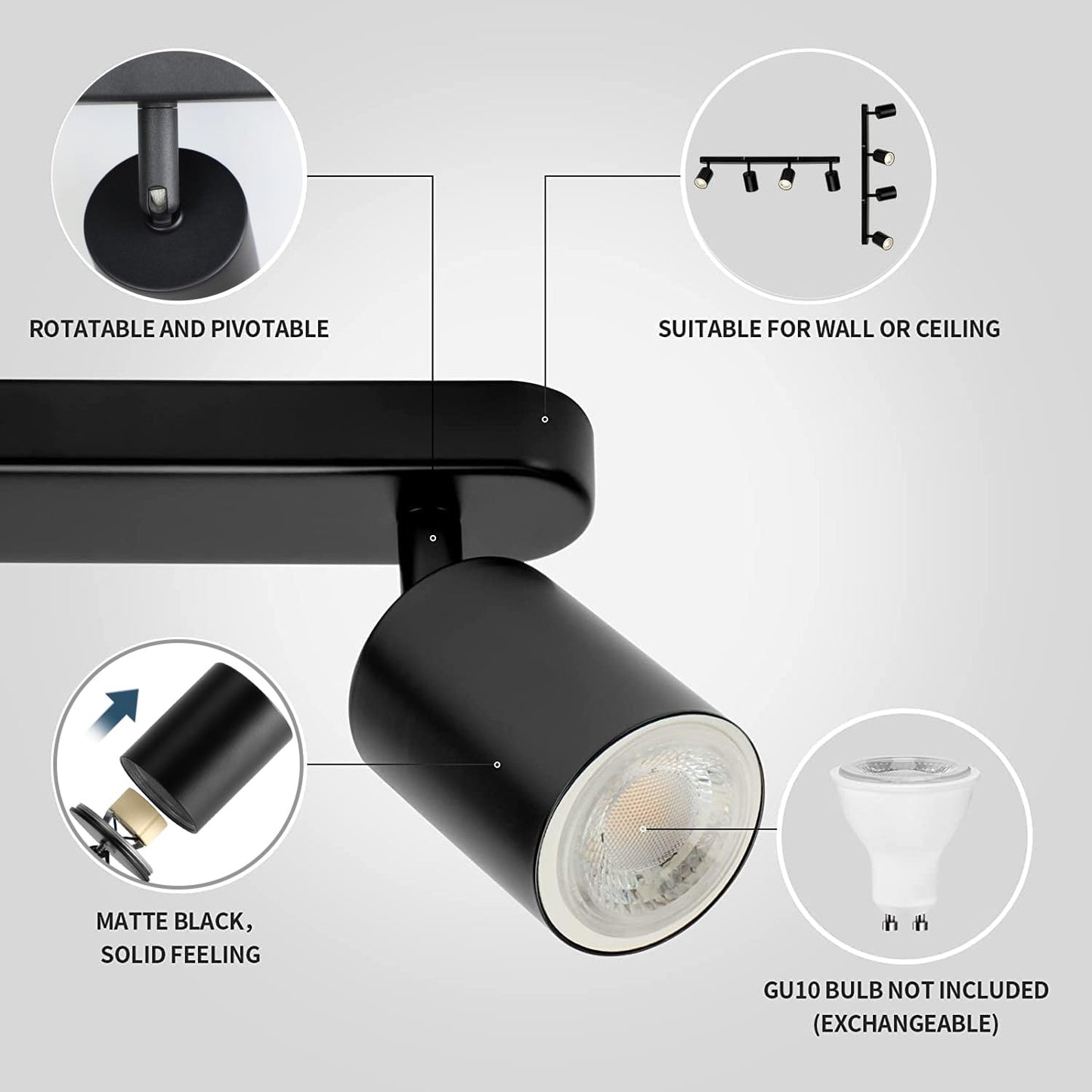 SGGSHENNAN 4 Way Track Lighting Kit Flexibly Rotatable Track Light Ceiling Kitchen LED Ceiling spot Light for Bedroom, Picture Wall, Hallway, Office, Bar, GU10 Socket (Black-4)