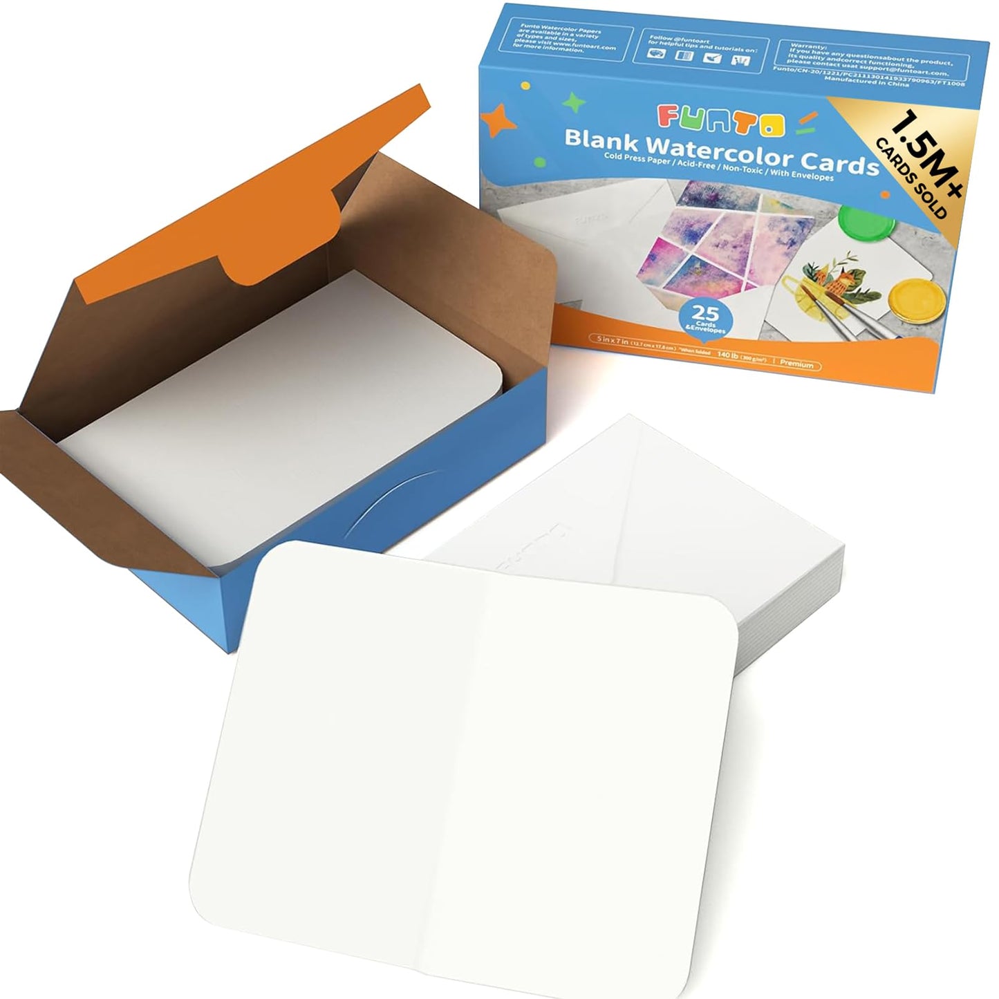 Funto Blank Watercolour Paper Cards and Envelopes, 50 Cards, 5''x7'', 140lb/300gsm, White, Acid-Free, Heavyweight Paper for Watercolor Painting, Invitations, Thank You Notes, Greeting Cards