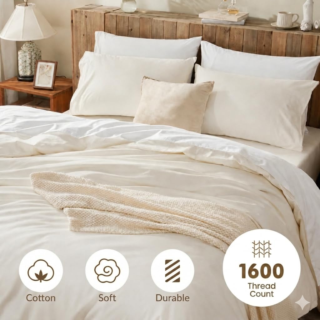 DCSKY Cotton Duvet Cover Queen,100% Egyptian Cotton 1600 Thread Count, Soft, Breathable, Skin-Friendly, Moisture-Wicking Bedding Set with Zipper Closure & Corner Ties(Cream White, 90''x90''