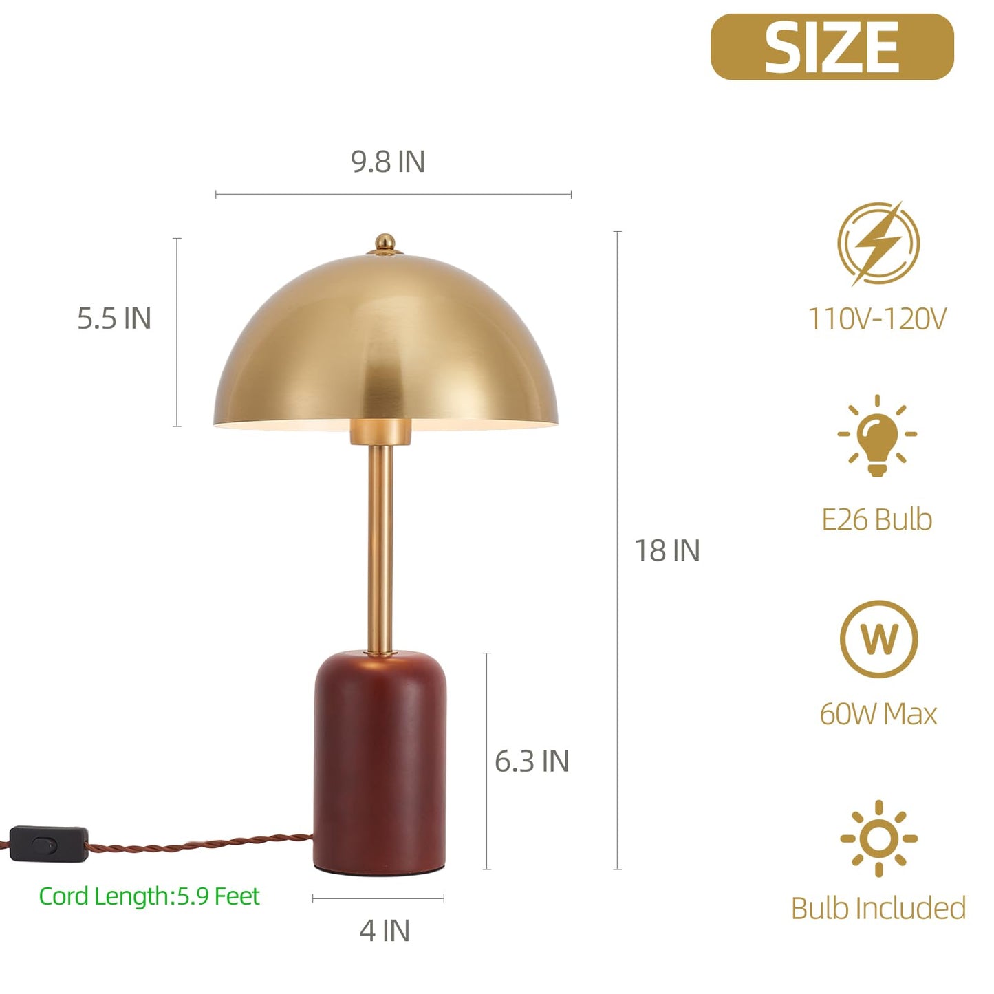 NUSRAN Bedside Table Lamp for Bedroom, Modern Plug in Brass Gold Shade & Cylindrical Wood Base Desk Lamp, Plug & Play Nightstand Lamp with Switch Power Cord for Living Room, Office 【Bulb Included】