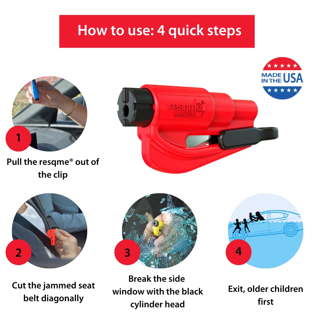 resqme The Original Emergency Keychain Car Escape Tool, 2-in-1 Seatbelt Cutter and Window Breaker, Made in USA, Rainbow Pack 8 Colors - Compact Emergency Hammer