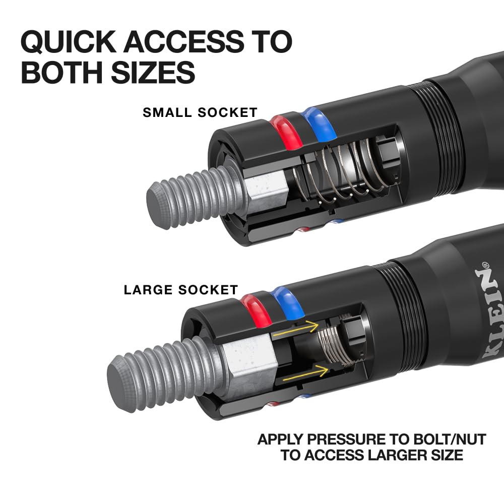Klein Tools 653QS KNECT Quad Socket, 12 Sizes in 3 Sockets, 4-in-1 Color Coded SAE Impact Rated, Heavy-Duty, 1/4- and 3/8-Inch Drive, 3-1/2- and 6-1/2-Inch Shaft