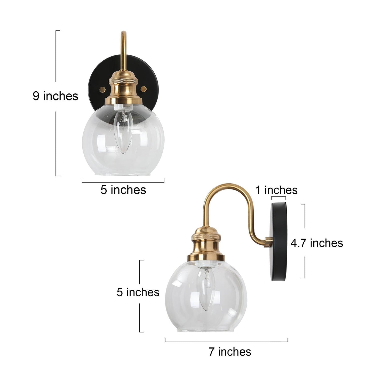 KSANA Black Gold Sconce, Modern Globe Wall Sconces Lighting with Clear Glass Shade, 1-Light Brass Wall Mounted Light Fixture for Bathroom, Kitchen, Bedroom and Stairway