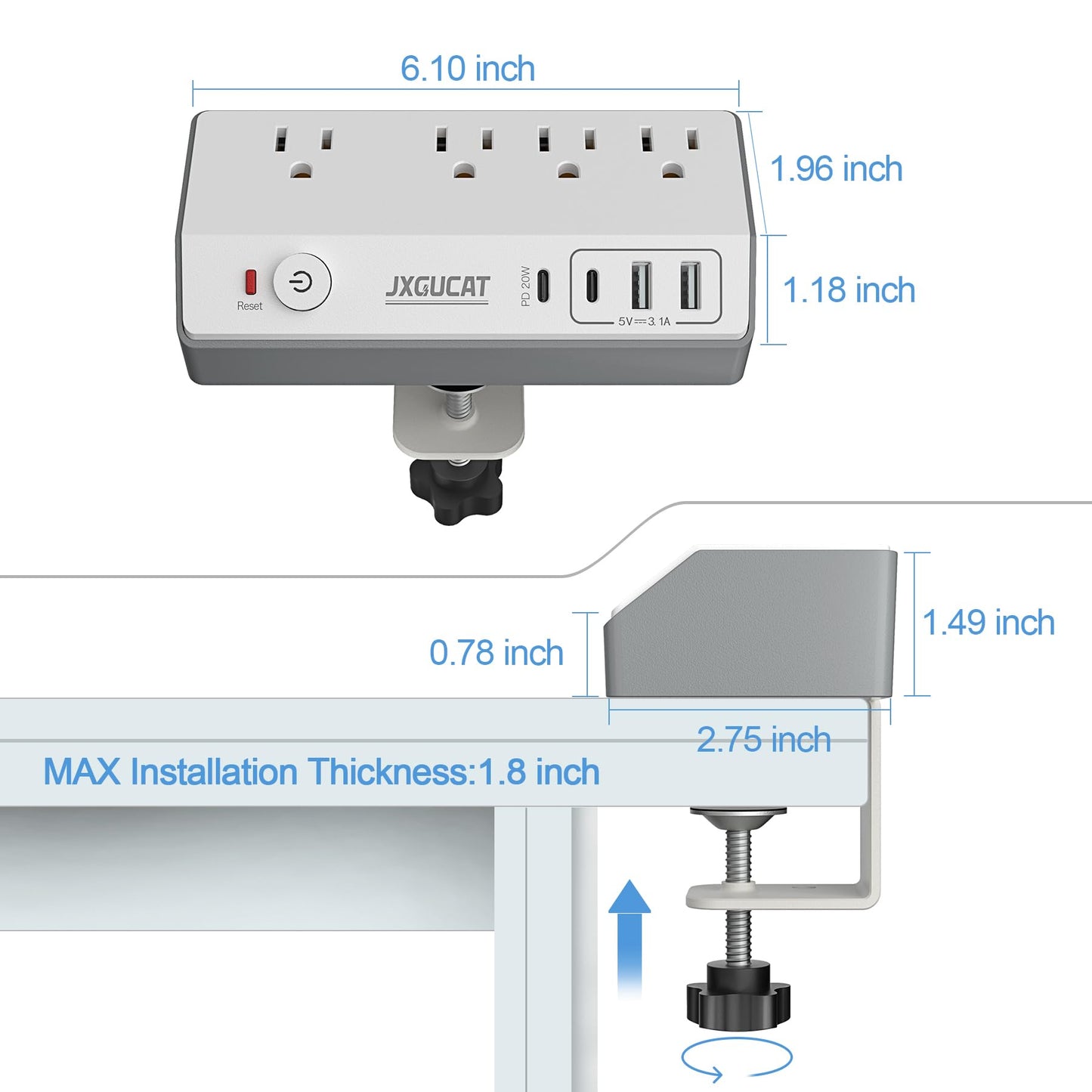 Desk Clamp Power Strip with USB C, JXGUCAT PD 20W Fast Charging Power Station, Removable Desk Clamp Mount Power Strip Surge Protector, 10 ft Cord with 4 Outlet 4 USB Ports, Fit 1.8" Tabletop Edge