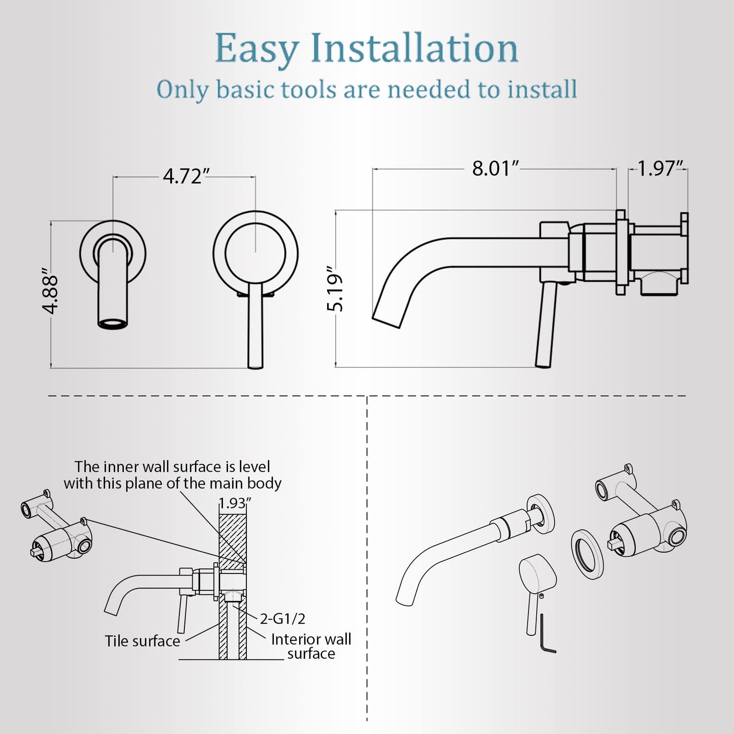 HMEGAO Wall Mount Bathroom Faucet Brushed Gold Bathroom Faucet Bathroom Sink Faucet with Single Handle and Rough in Valve Included