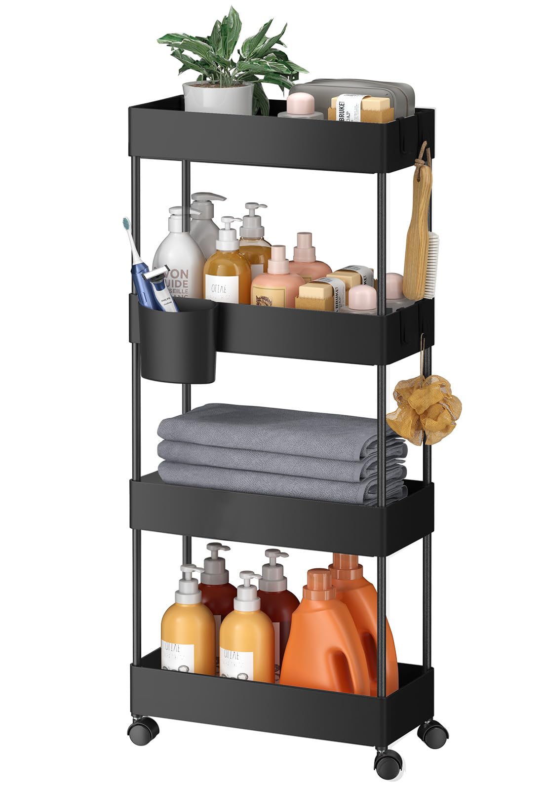 Pipishell Slim Storage Cart with Wheels - Bathroom Cart Organizer Storage, 4Tier Rolling Carts for Bathroom, Laundry Room, Kitchen, Narrow Space, Black PIUC05