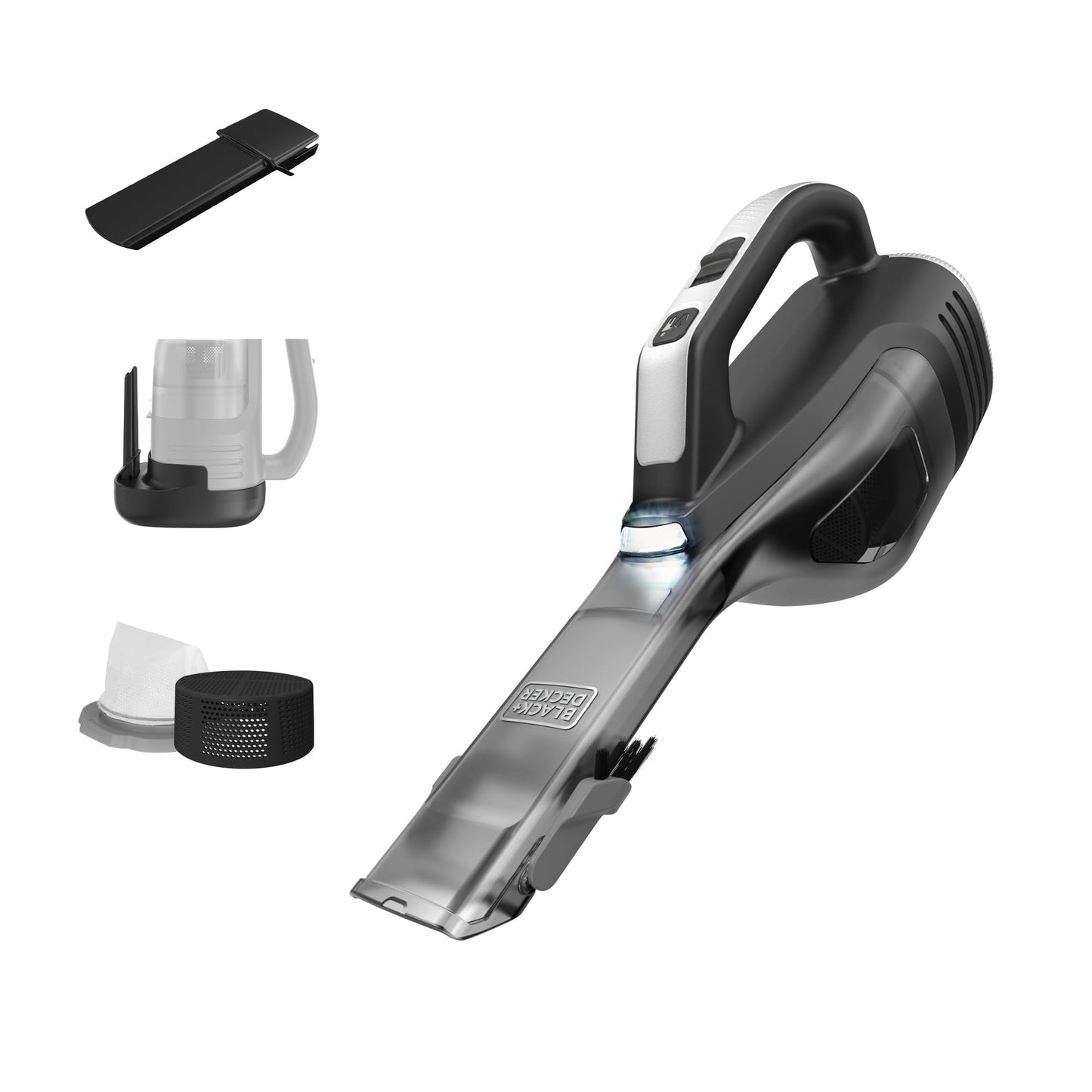 BLACK+DECKER Dustbuster Reveal Handheld Vacuum Cordless, Car Vacuum Portable Cordless, LED Light, Long Run Time, Rechargeable Lightweight Dust Buster, Includes Crevice Tool, Charging Base (HLVD320B42)
