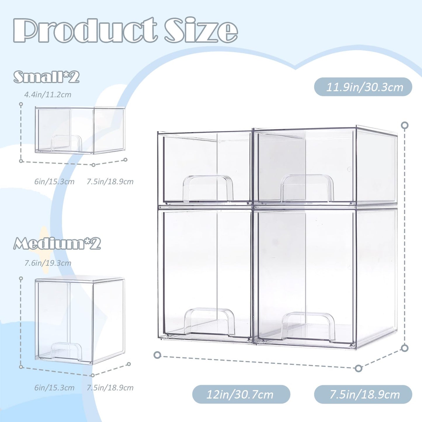 zebrater Baby Bottle Organizer-4 Pack Stackable Storage Drawers, Baby Organizers and Storage with Hooks, Clear Acrylic Multipurpose Bottle Storage for Countertop,Kitchen,Cabinet,Vanity,Bathroom