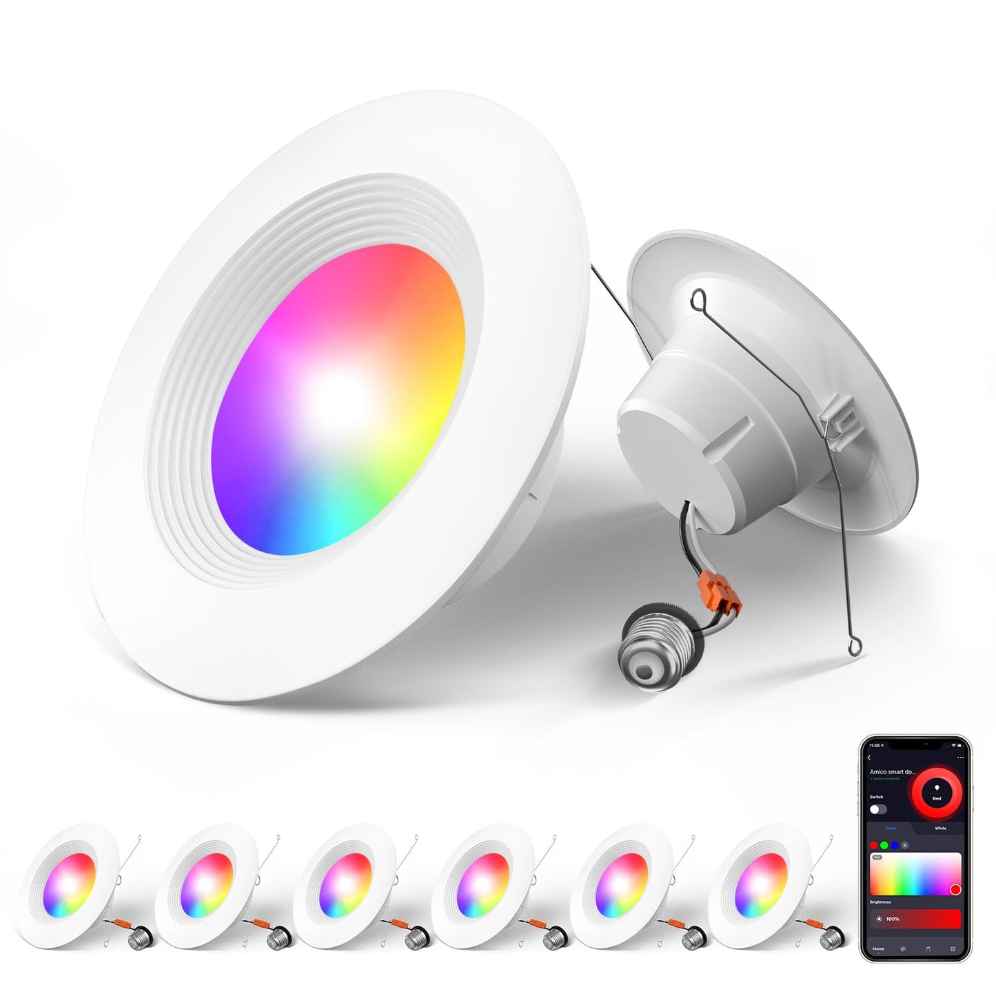 Amico 6 Pack 5/6 Inch Smart WiFi LED Recessed Can Lights, RGBCW Color Changing Retrofit Recessed Lighting, Baffle Trim, APP Control, Dimmer Compatible, 12W=110W 1100LM, IC & ETL