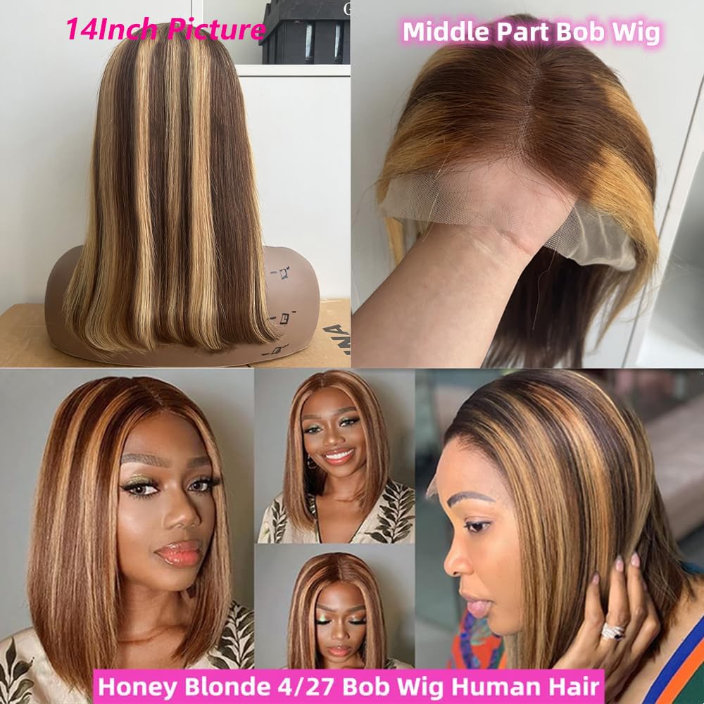 Superfect Highlight Lace Front Bob Wig Human Hair 14 Inch Ombre Honey Blonde 13x4 Hd Lace Front Wigs Human Hair Pre Plucked Middle Part 4/27 Colored Lace Frontal Wigs(14 Inch, 4/27 Highlight)