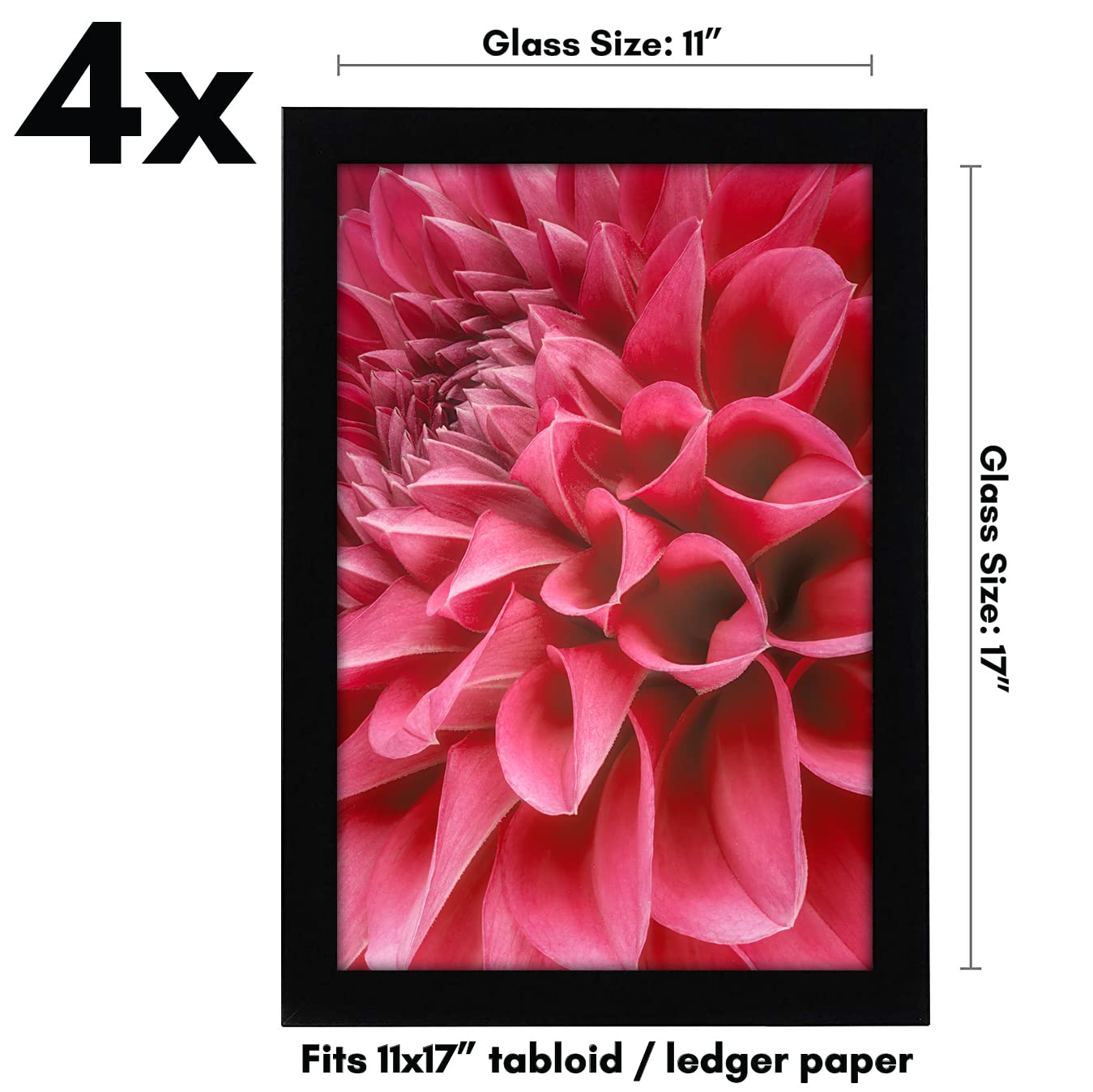 Americanflat 11x17 Picture Frame with Shatter-Resistant Glass - Set of 4 - Signature Collection - Gallery-Style Frames Made of Engineered Wood - Picture Frames for Wall Display - Black