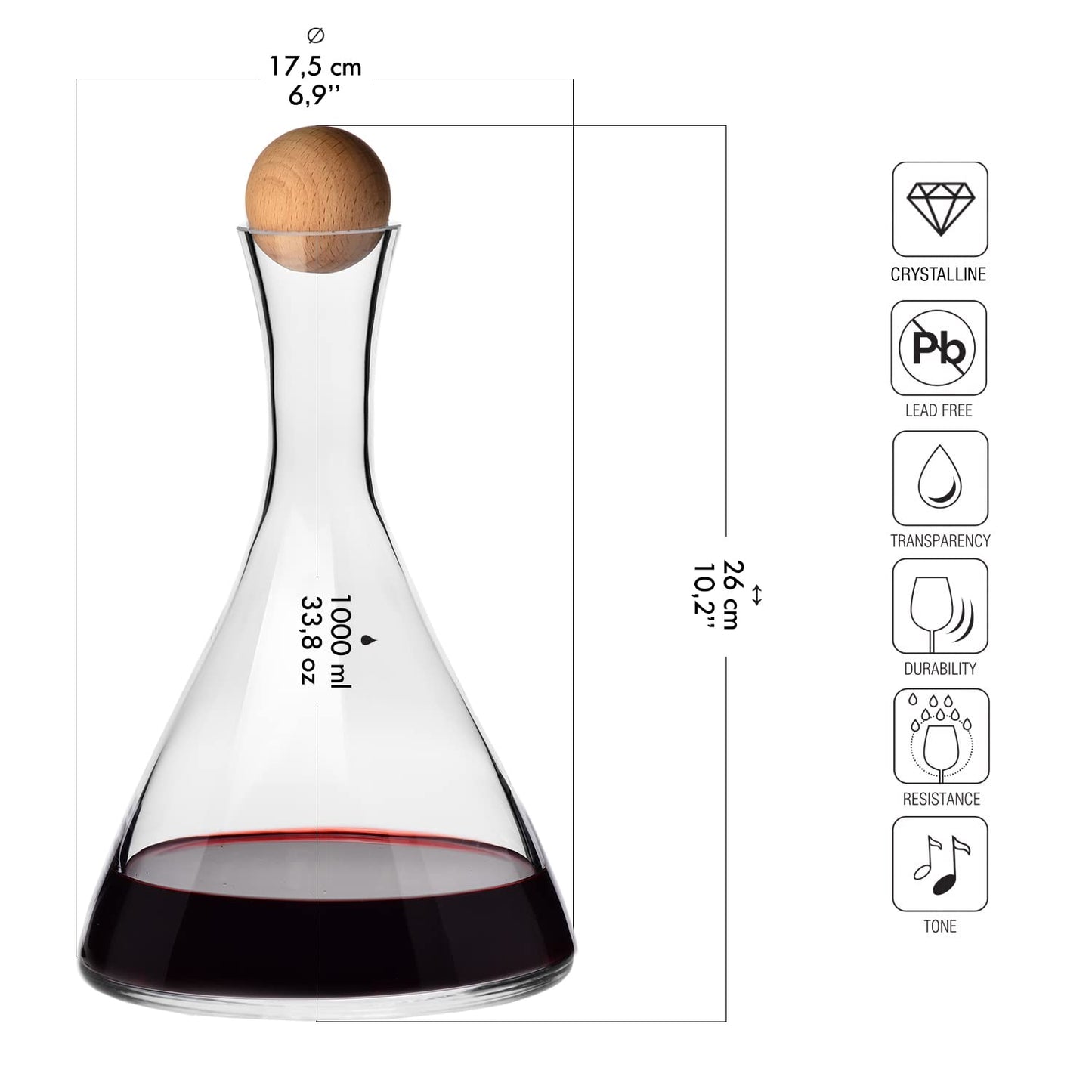Krosno Wine Carafe Decanter, 33.8 oz, Avant-Garde Collection, Ideal for Home, Restaurants, and Parties, Lead-Free Crystal, Handwash Only, Made in Europe