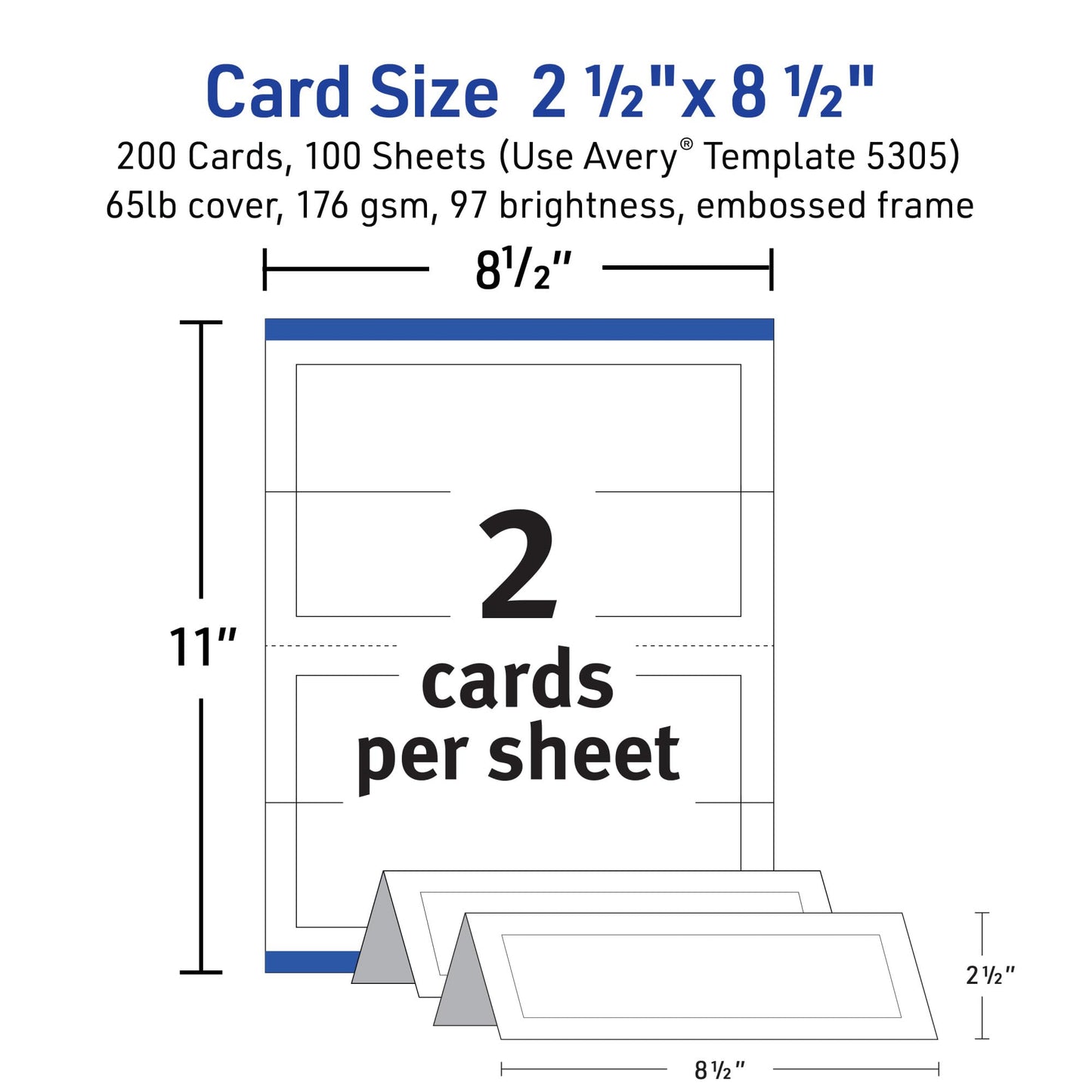Avery Printable Tent Cards, Sure Feed Technology, 2.5" x 8.5", White with Embossed Border, 2-Pack, Total of 200 Blank Place Cards for Laser or Inkjet Printers (25305)