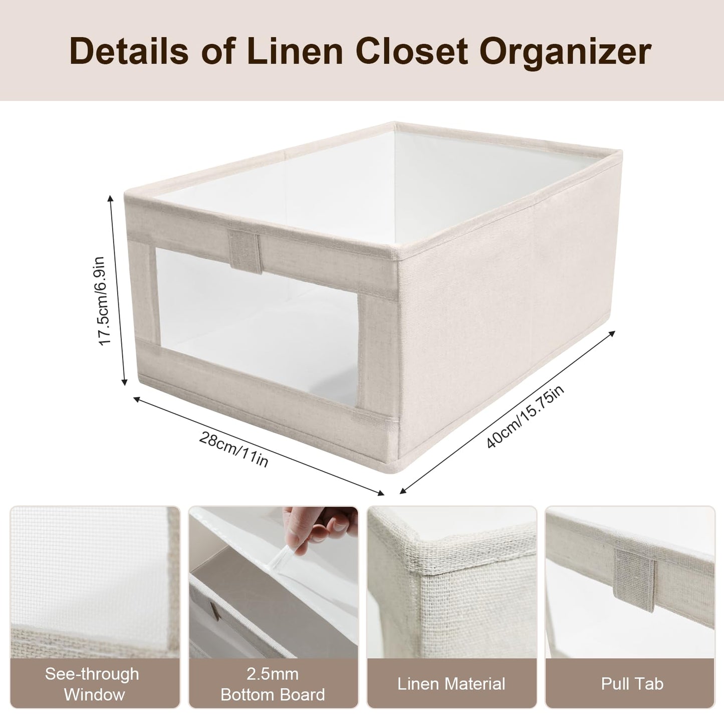 12 Pack Linen Organizers and Storage, Closet Storage Bins Linen Closet Baskets for Organization Foldable Organizer Bins with Clear Window for Organizing Clothing, Beige